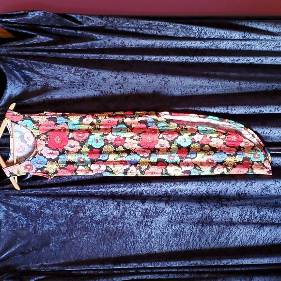 Noble U black and floral rainbow tank sleeveless asymmetrical hem slinky dress - Picture 1 of 7